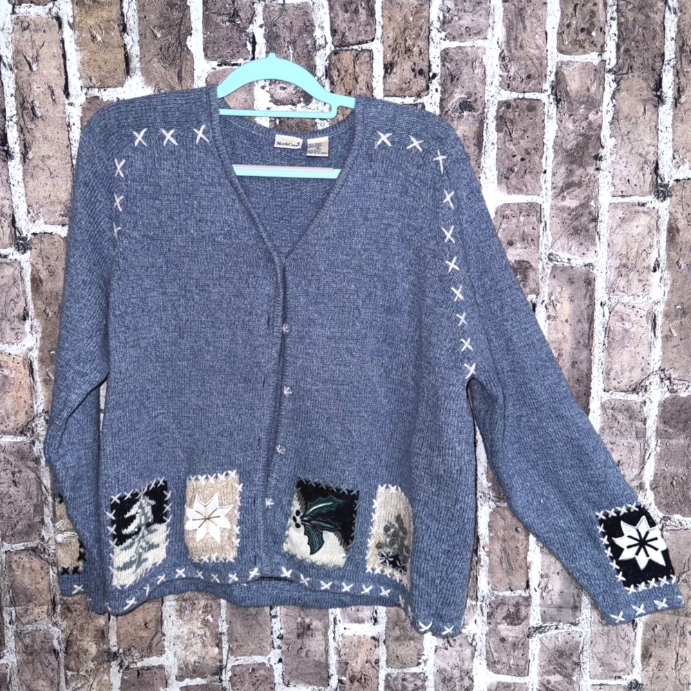 NorthCrest Winter Patchwork Cardigan Sweater XL Blue Cottagecore 90s Vintage
